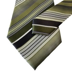 Van Heusen Neck Tie 100% Silk Green/Grey Handmade Stripes Stain Resistant